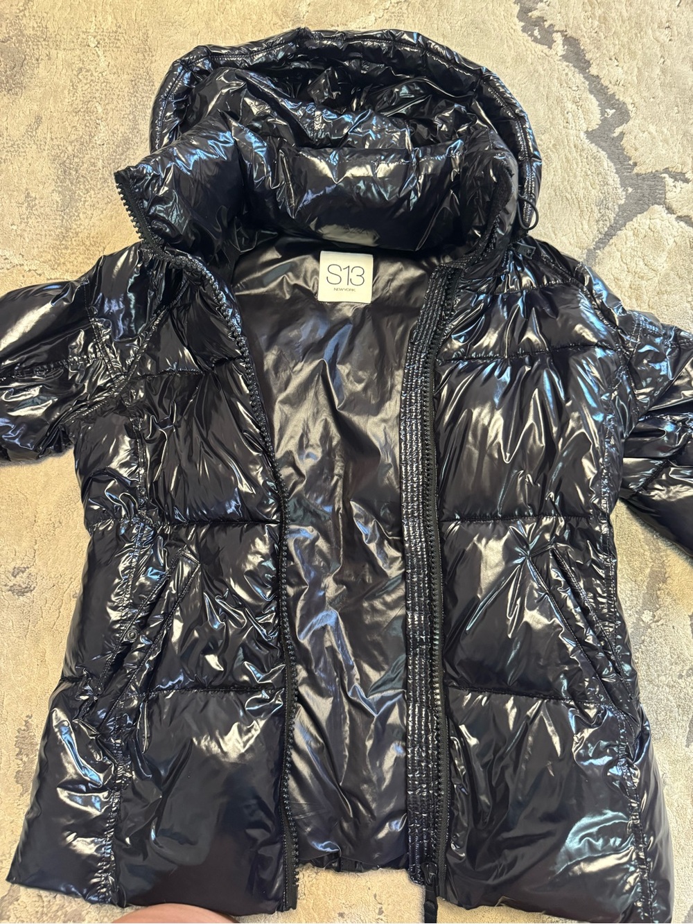 S13 Shiny Black Puffer Jacket with Hood-Medium